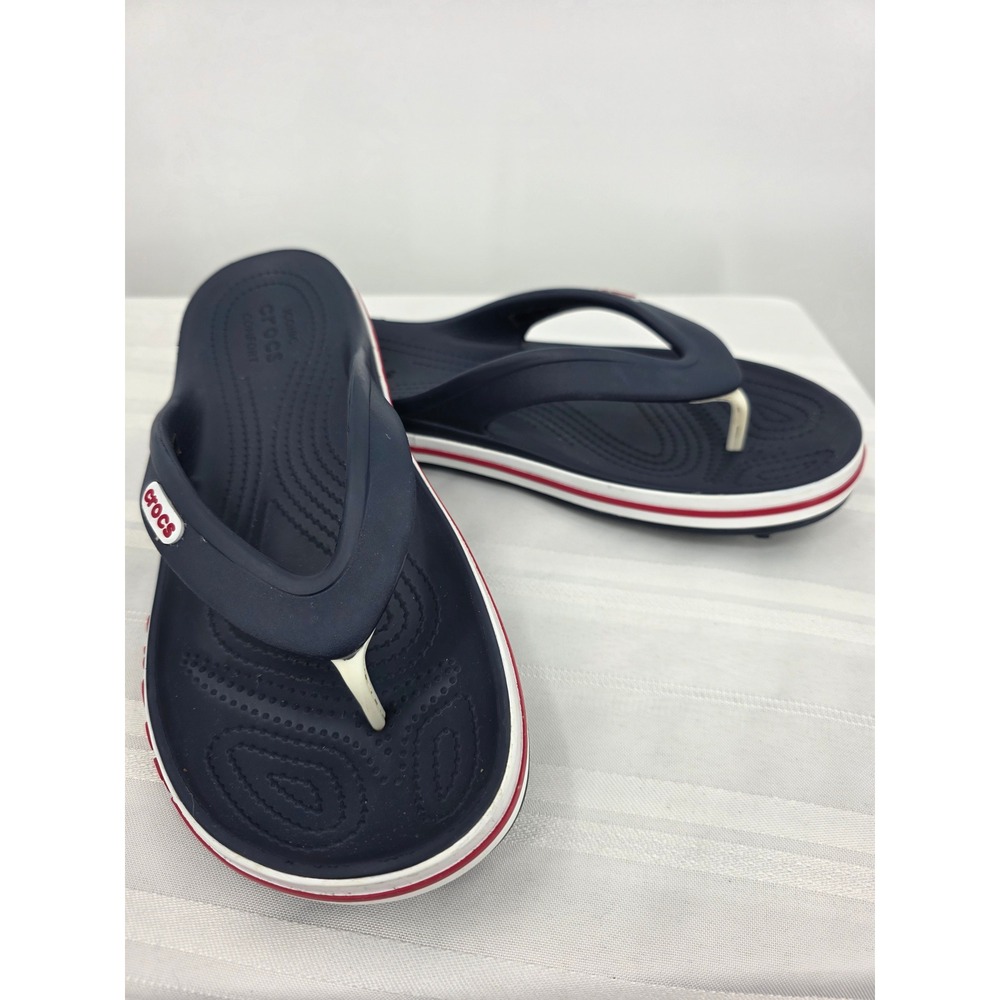 Crocs Bayaband Flip Flops Navy Blue White Red Thong Sandals Womens 9 Mens 7 NWOT - Picture 3 of 7